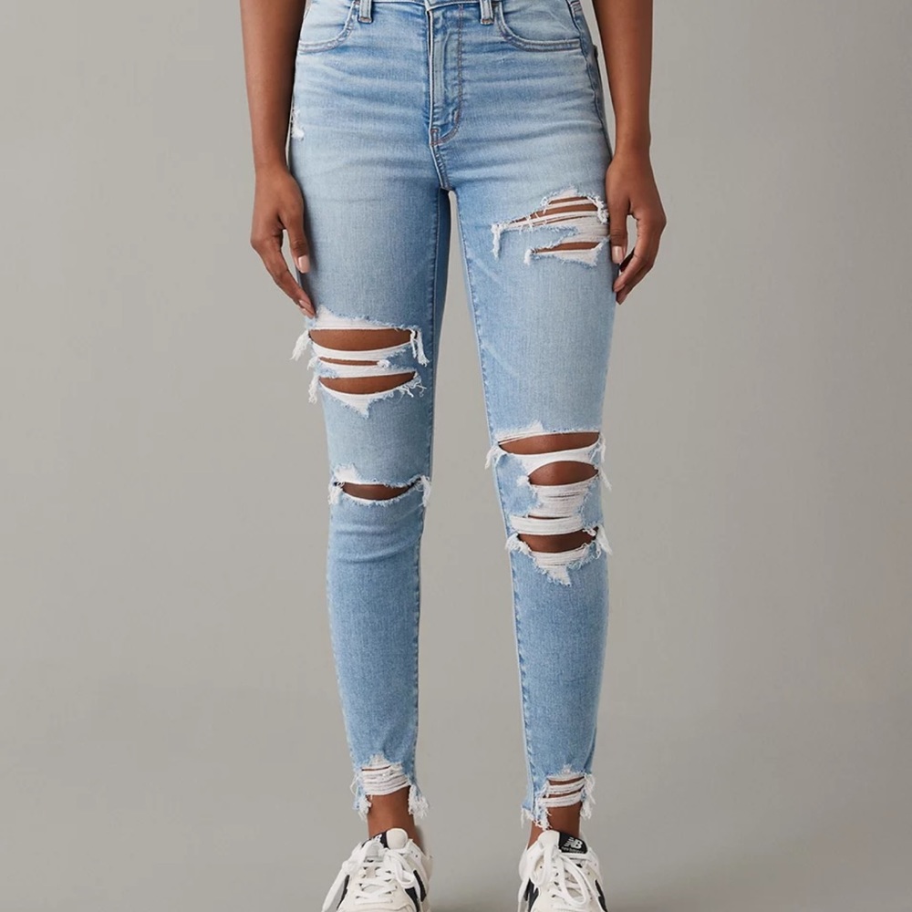 American Eagle Grey Distressed Next Level Stretch High Waisted Jeans